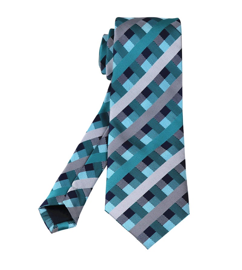 Elfeves Men's Repp Teal Blue Grey Check Tie Spring Summer Wedding Groom Designer Turquoise Necktie - Image 3